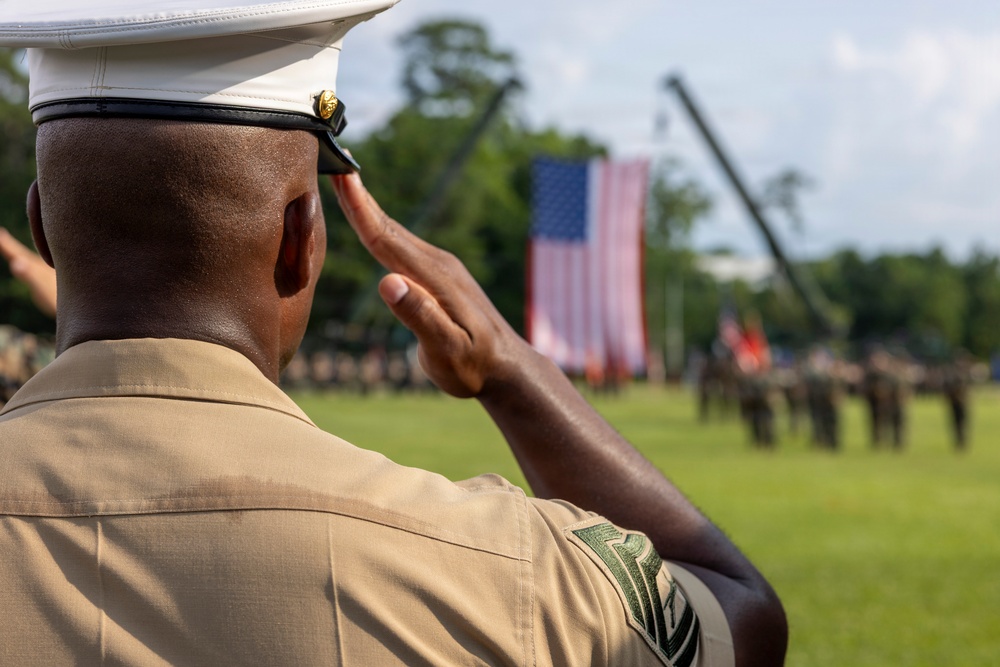 A U.S. Marine in dress uniform is photographed from behind rendering a salute toward a large American flag displayed at an outdoor military ceremony. Rows of uniformed personnel are visible in formation on a green field in the background. The image captures a formal military parade or ceremony setting.