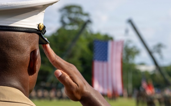 A U.S. Marine in dress uniform is photographed from behind rendering a salute toward a large American flag displayed at an outdoor military ceremony. Rows of uniformed personnel are visible in formation on a green field in the background. The image captures a formal military parade or ceremony setting.