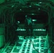 The image shows the interior of a military cargo aircraft, likely a C-130 Hercules, illuminated by green night-vision-compatible lighting. Two personnel wearing flight helmets and tactical gear are visible on the cargo floor, appearing to conduct pre-drop or loading operations. The cargo bay is empty of freight, with the roller-equipped floor track system clearly visible.