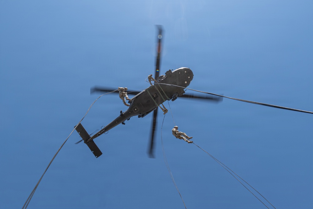 A military helicopter, viewed from directly below, is hovering while personnel rappel down ropes from both sides of the aircraft. The image is taken from a ground-level upward perspective against a clear blue sky. Multiple ropes extend downward from the helicopter with at least two visible personnel in the process of fast-roping or rappelling.
