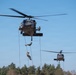 Two military helicopters, identifiable as UH-60 Black Hawks, are shown in flight against a clear blue sky. Personnel are rappelling from ropes suspended beneath the foreground helicopter, while crew members are visible in the open doorways. A second Black Hawk helicopter is visible in the background performing a similar operation.