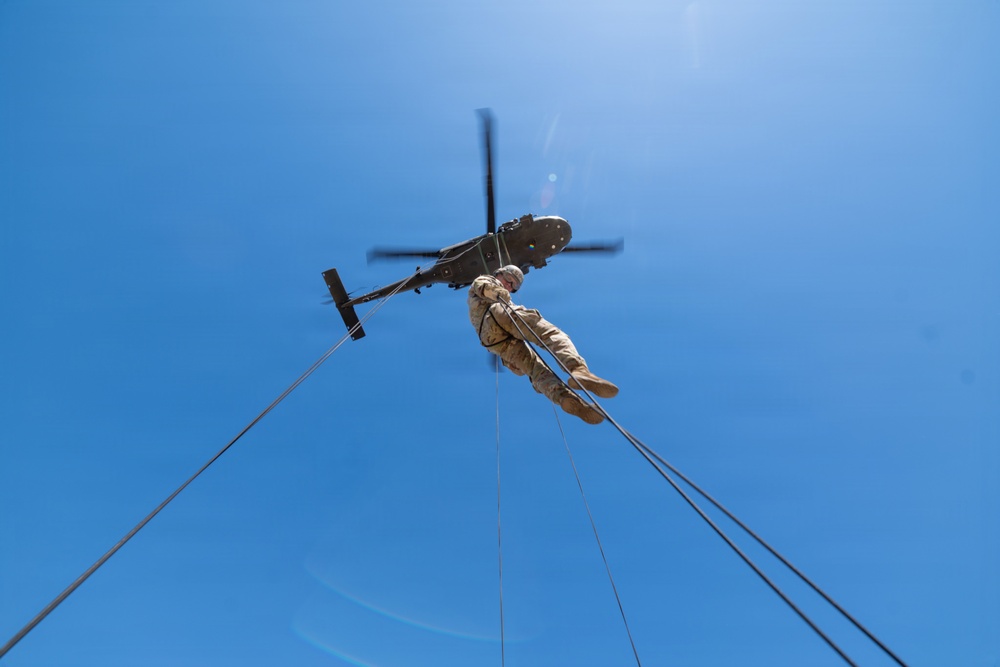 A low-angle upward shot captures a military personnel suspended beneath a helicopter via ropes or rappelling lines against a clear blue sky. The individual appears to be engaged in a fast-rope or rappelling exercise from what appears to be a military utility helicopter. Multiple lines extend outward from the helicopter, suggesting a training or operational insertion/extraction scenario.