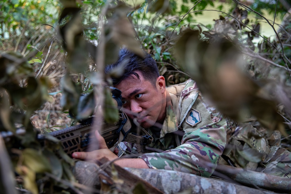 A soldier in multicam/OCP camouflage uniform is positioned in a prone or low-crawl stance concealed within dense vegetation. The individual is aiming down the sights of a rifle, suggesting a tactical concealment or reconnaissance exercise. A unit patch is visible on the right shoulder of the uniform.