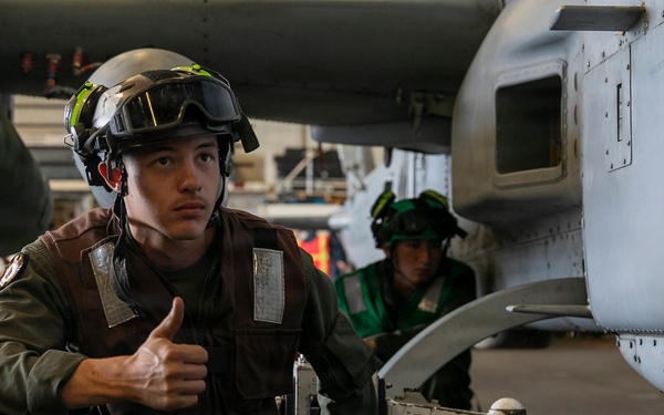A military aviation crew member in flight gear crouches near the landing gear of an aircraft, giving a thumbs-up gesture. The setting appears to be an aircraft carrier hangar deck, with another crew member visible in the background. The aircraft has a visible rocket pod or multi-barrel weapon system mounted on it.