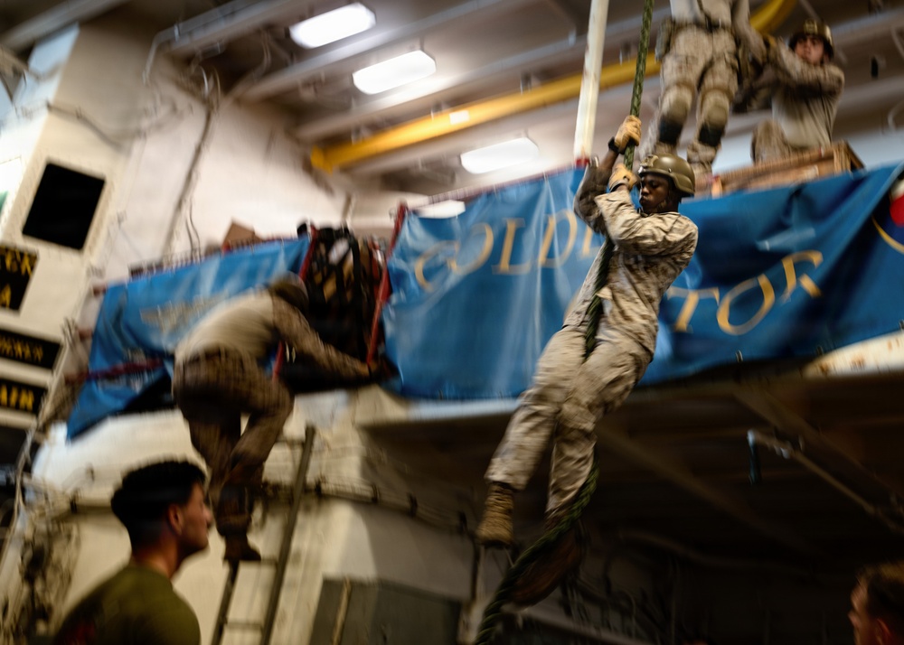 11th MEU Marines, Sailors Conduct Static Fast-Rope Training Aboard USS Boxer
