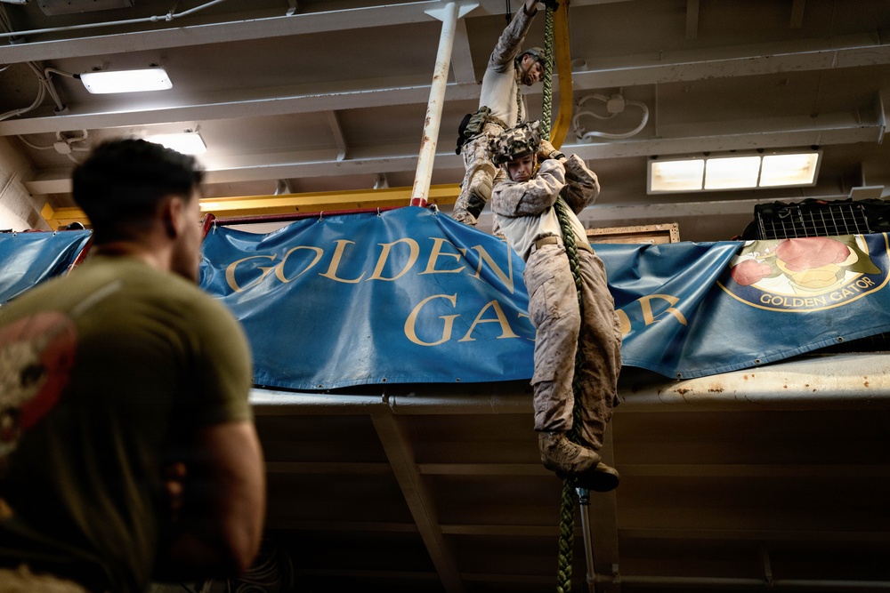 11th MEU Marines, Sailors Conduct Static Fast-Rope Training Aboard USS Boxer