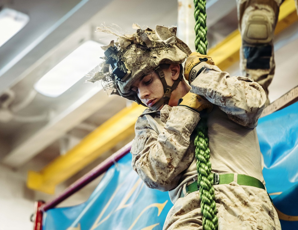11th MEU Marines, Sailors Conduct Static Fast-Rope Training Aboard USS Boxer