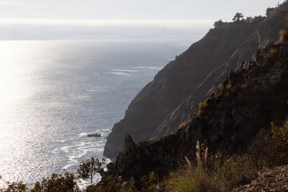 A dramatic coastal cliff scene photographed from an elevated vantage point, showing steep rocky cliffs descending to the ocean below. The image is backlit by soft diffused sunlight reflecting off the calm ocean surface, creating a hazy, atmospheric quality. Sparse vegetation including grasses and shrubs clings to the rocky terrain in the foreground.
