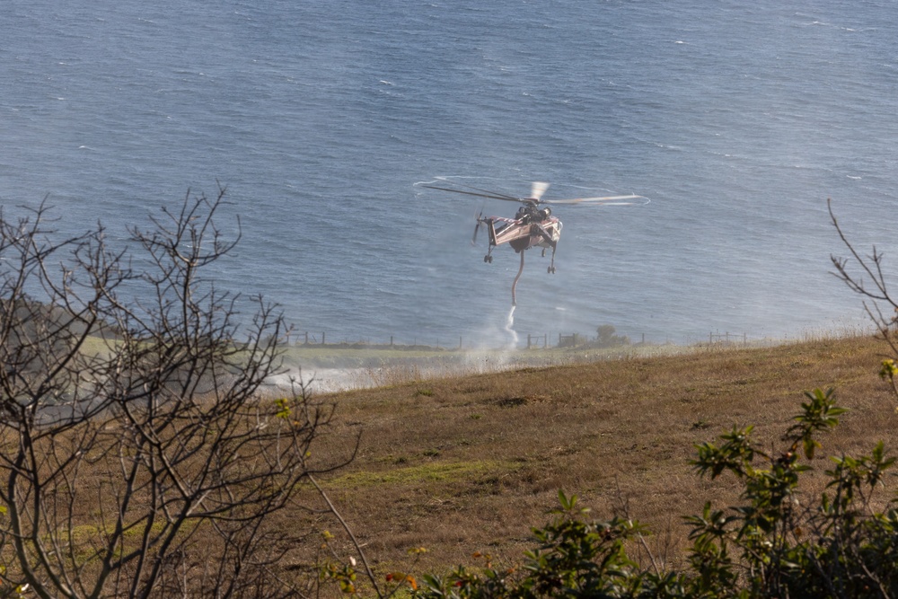 A large helicopter, appearing to be a heavy-lift type (possibly a Sikorsky S-64 Skycrane or similar), is hovering low over a coastal hillside and releasing water, likely engaged in firefighting operations. The scene shows a grassy coastal bluff with the ocean visible in the background. Sparse vegetation and bare shrubs frame the foreground of the image.