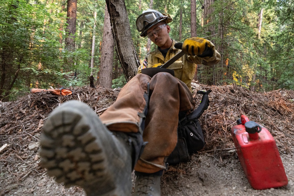 A wildland firefighter is seated on the forest floor, wearing standard protective gear including a yellow Nomex shirt, hard hat, safety glasses, and yellow gloves. The worker appears to be sharpening or maintaining a hand tool, likely a Pulaski or similar firefighting implement. A red fuel canister is visible nearby, and the forest setting suggests active fire suppression or fuel management operations.