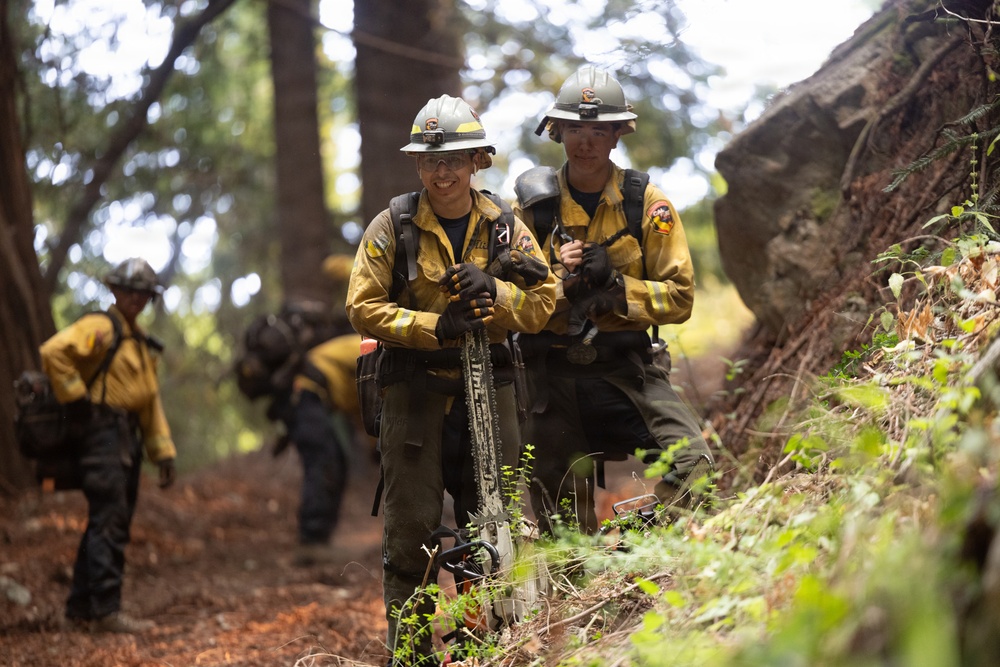 A crew of wildland firefighters in yellow Nomex fire-resistant gear and white hard hats are walking along a forest trail. The lead firefighter is carrying a chainsaw and smiling at the camera, while additional crew members follow behind on the dirt path. The setting appears to be a forested hillside with large trees and rocky terrain.