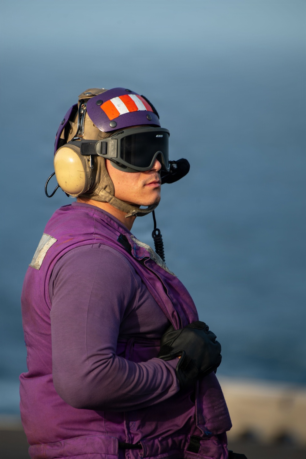 A U.S. Navy aviation fuels handler ('Grapes') stands on what appears to be an aircraft carrier flight deck, identifiable by the distinctive purple jersey and helmet. The individual is equipped with standard flight deck safety gear including hearing protection, ESS goggles, a communication headset, and black gloves. The ocean is visible in the background, confirming an at-sea operational environment.