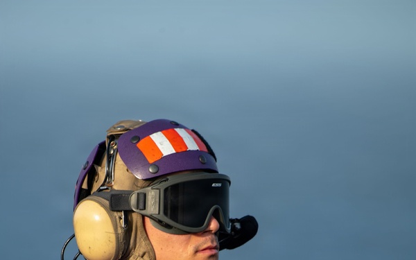 A U.S. Navy aviation fuels handler ('Grapes') stands on what appears to be an aircraft carrier flight deck, identifiable by the distinctive purple jersey and helmet. The individual is equipped with standard flight deck safety gear including hearing protection, ESS goggles, a communication headset, and black gloves. The ocean is visible in the background, confirming an at-sea operational environment.
