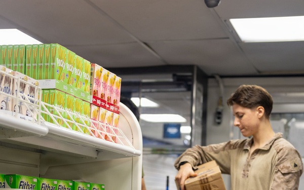USS Boxer, 11th MEU Marines, Sailors Restock Ship’s Food Supply