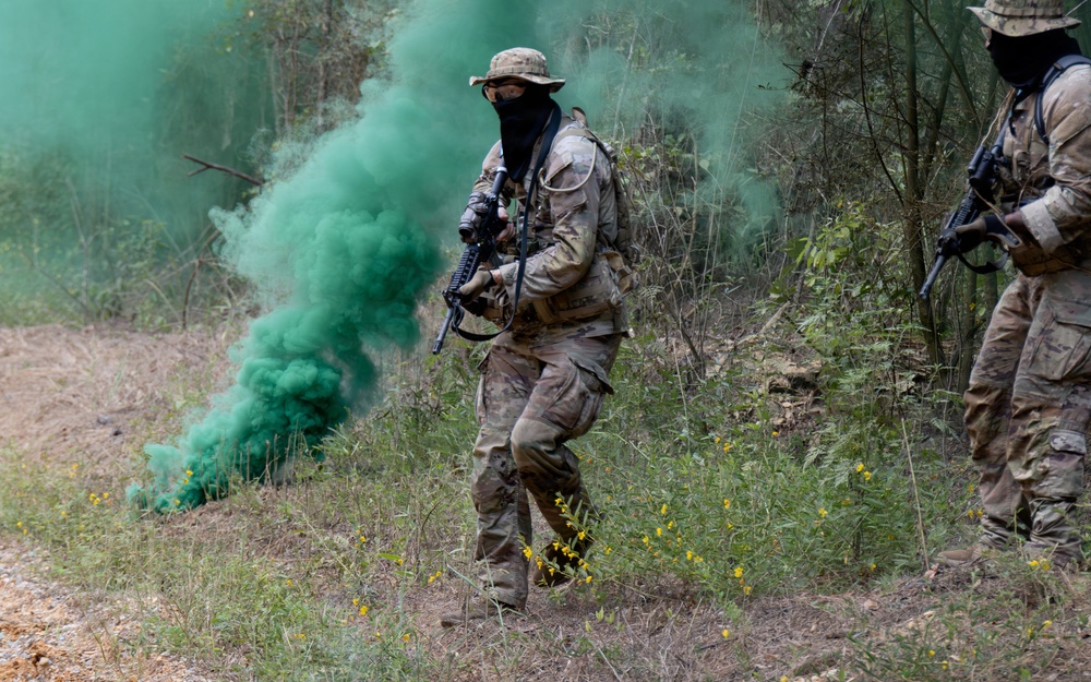 Two armed individuals in full camouflage uniforms and black face coverings are moving through a wooded, overgrown area. A green smoke grenade has been deployed on the ground, producing a dense cloud of green smoke. The scene appears to depict a military training exercise or tactical field operation.