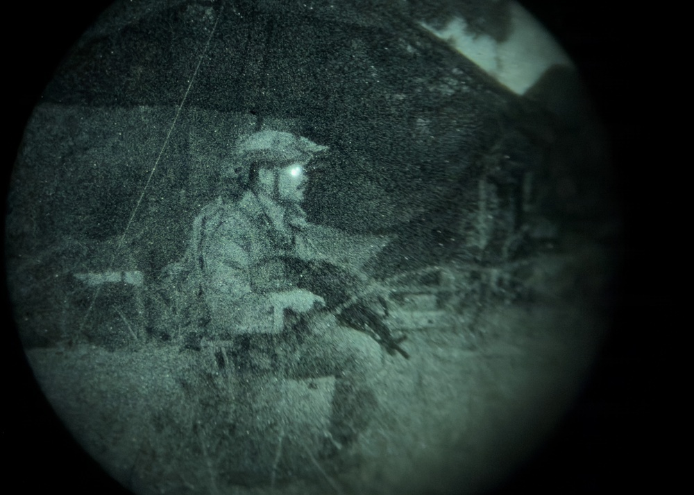 The image is captured through a night vision device, showing a circular green-tinted field of view characteristic of image intensifier optics. A single armed individual in military-style gear and helmet is visible in the center of the frame. The scene appears to be an outdoor nighttime environment with structures or vegetation visible in the background.
