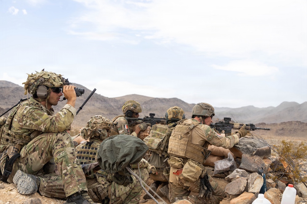 A group of military personnel in multicam/OCP camouflage uniforms are positioned behind a low rock wall in an arid, desert mountainous environment. The soldiers appear to be conducting a tactical exercise or operation, with at least one soldier using binoculars for observation while others aim rifles over the rocky barrier. At least one soldier has a visible flag patch consistent with the French tricolor on their sleeve, suggesting a multinational training exercise.
