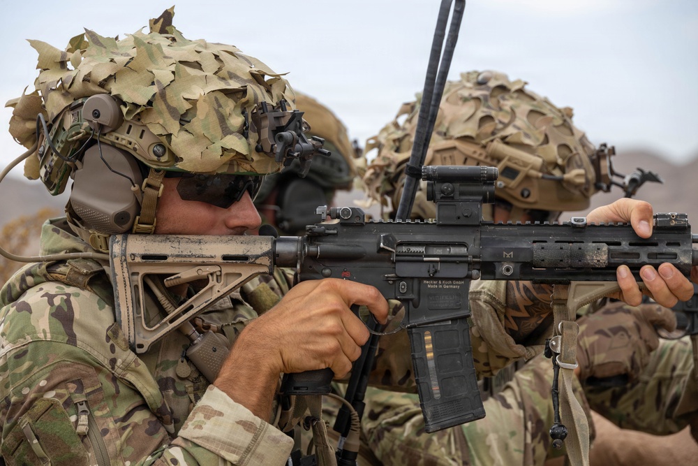 Two military personnel in full combat gear are shown in a tactical position, with the foreground soldier aiming a Heckler &amp; Koch rifle manufactured in Germany. Both soldiers wear multicam camouflage uniforms with leaf-covered helmets, tactical headsets, and various equipment attachments. The image appears to depict a military training exercise or operational deployment.