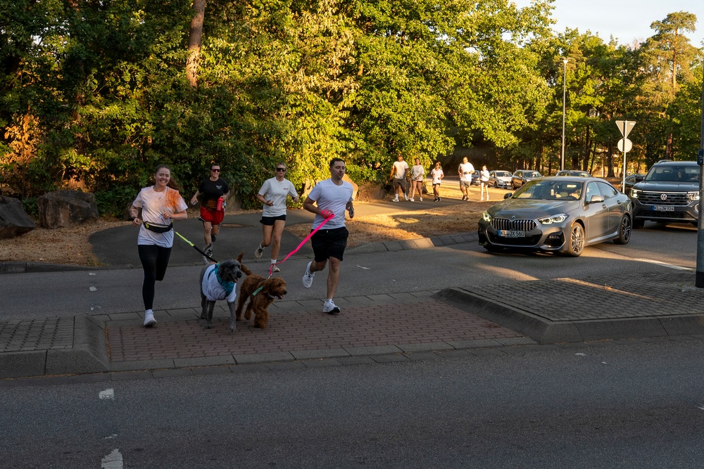 A group of runners is jogging along a paved path near a road, with two dogs on leashes accompanying them. The scene appears to be an organized group run or casual jog in an urban park setting during golden hour lighting. Several cars, including a BMW and a Volkswagen with German license plates, are visible on the adjacent road.