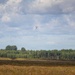 An outdoor landscape scene showing an open field with dry grassland in the foreground and a dense treeline in the background. A small dark triangular or delta-winged object — likely a drone or small aircraft — is visible in the sky above the treeline. The sky is partly cloudy with scattered cumulus clouds.