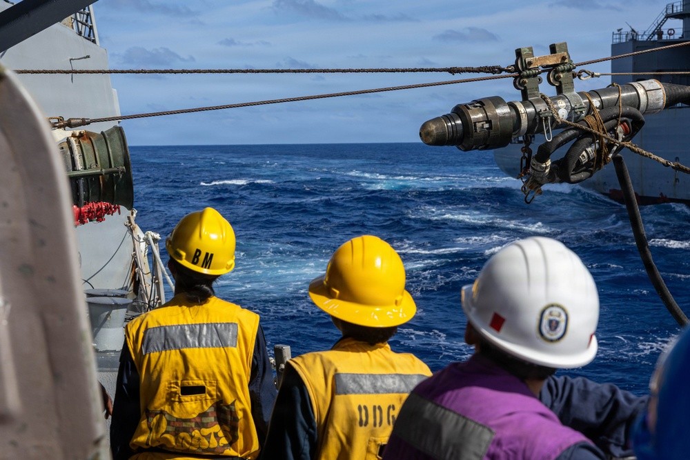 USS Mustin conducts a replenishment-at-sea with USNS Wally Schirra