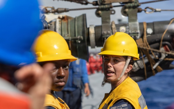 USS Mustin conducts a replenishment-at-sea with USNS Wally Schirra