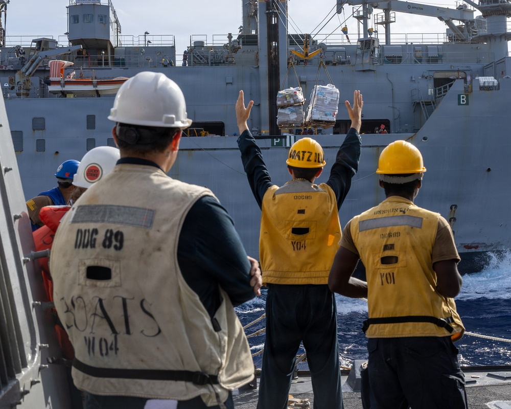 USS Mustin conducts a replenishment-at-sea with USNS Wally Schirra