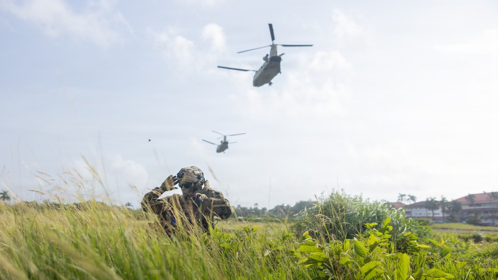 A military operator in full tactical gear crouches in tall grass while shielding their eyes, observing two CH-47 Chinook tandem-rotor helicopters flying overhead in a low-altitude formation. The setting appears to be a tropical or subtropical environment, indicated by the lush vegetation, palm trees, and a building visible in the background. The scene depicts what appears to be a military exercise or insertion/extraction operation.