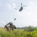 A military operator in full tactical gear crouches in tall grass while shielding their eyes, observing two CH-47 Chinook tandem-rotor helicopters flying overhead in a low-altitude formation. The setting appears to be a tropical or subtropical environment, indicated by the lush vegetation, palm trees, and a building visible in the background. The scene depicts what appears to be a military exercise or insertion/extraction operation.