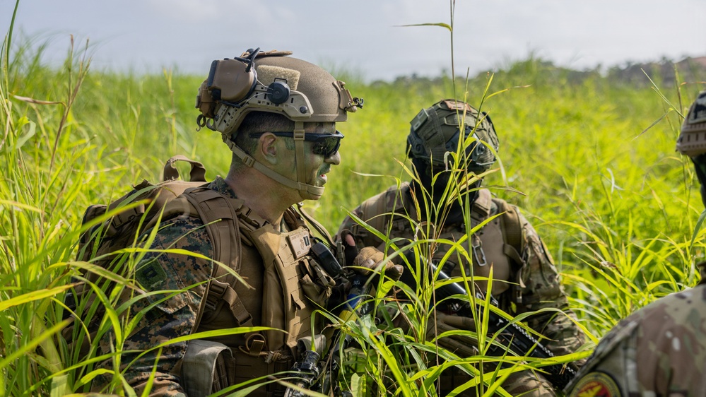 The image shows military personnel in full combat gear positioned in a field of tall green grass, likely during a training exercise or field operation. The foreground soldier wears MARPAT (Marine pattern) camouflage, a tan tactical helmet with communications equipment, tactical vest, and sunglasses with green face paint applied. At least two additional soldiers are visible in the background wearing similar gear.
