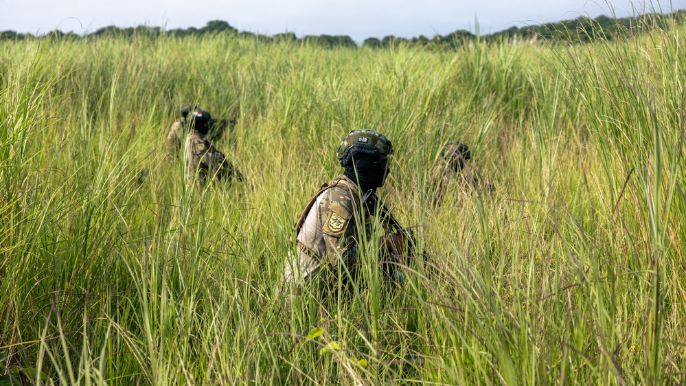 Two armed personnel in military camouflage uniforms and tactical gear are moving through dense, tall green grass in what appears to be a field or savanna environment. Both individuals are wearing helmets and face coverings, with visible unit patches on their sleeves. The image appears to depict a military patrol or training exercise in a tropical or subtropical grassland setting.