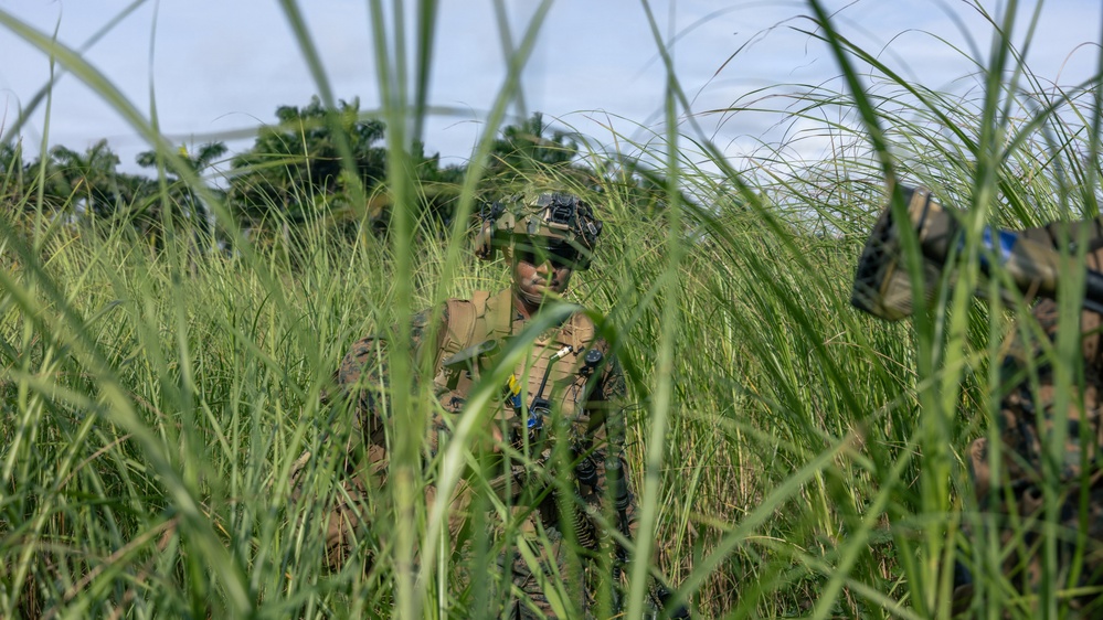 A soldier in full combat gear is positioned in tall green grass, partially obscured by the foreground vegetation. The individual appears to be in a tactical field environment, likely during a training exercise or operational patrol. The setting suggests a tropical or subtropical region based on the lush vegetation and tree line visible in the background.