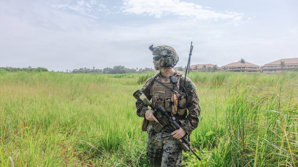A fully equipped military service member stands in a tall grass field in what appears to be a tropical environment. The soldier is wearing digital camouflage uniform consistent with USMC MARPAT pattern, full tactical gear, and is carrying an assault rifle. A building with a red roof and palm trees are visible in the background.