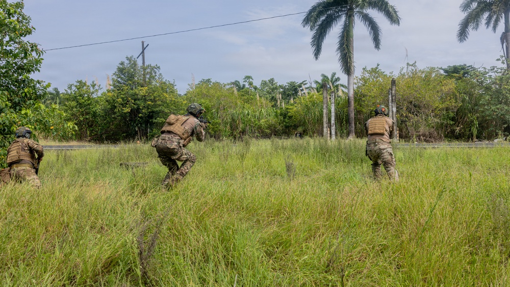 Three armed military or tactical personnel in camouflage uniforms and tactical gear are moving through a grassy field in what appears to be a tropical environment. The personnel are advancing in a tactical formation, with one individual in a crouched running posture suggesting a training exercise or field operation. The setting features dense tropical vegetation including palm trees and broad-leafed shrubs in the background.