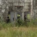 The image shows multiple armed personnel in camouflage uniforms conducting what appears to be a tactical training exercise or clearing operation at an abandoned, deteriorating concrete structure. The building shows significant weathering, vegetation overgrowth, and structural decay. Personnel are positioned at entry points and along the exterior wall of the structure.