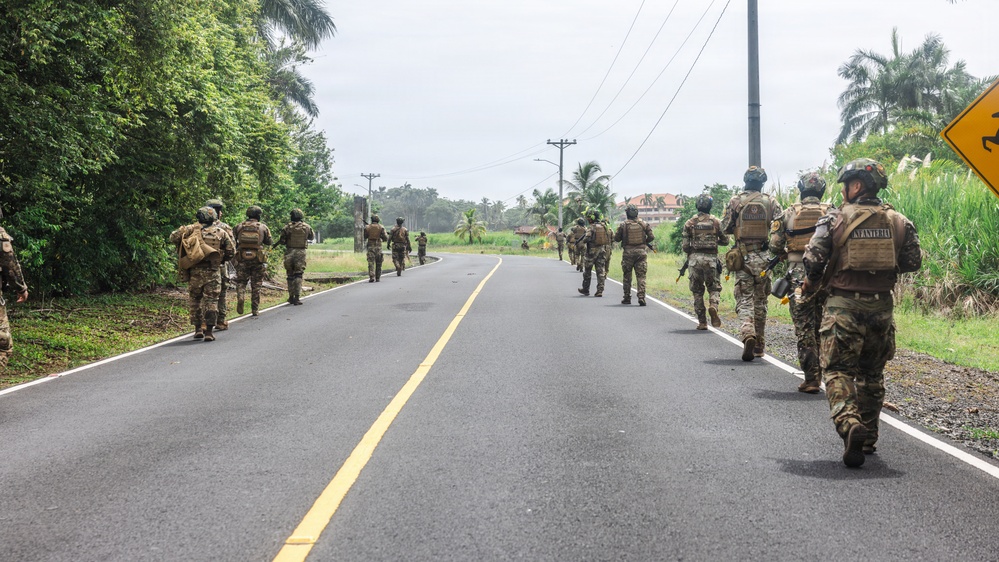 A group of armed military or law enforcement personnel in full tactical gear are conducting a patrol or movement along a paved two-lane road in a tropical environment. The personnel are spread across both sides of the road, moving away from the camera in a column formation. The setting appears to be a rural or semi-rural area with palm trees, lush vegetation, and buildings visible in the distance.