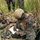 PANAMAX-26: V1/6, Partner forces conduct simulated air raid Two military personnel in camouflage uniforms are positioned in a grassy field environment, engaged in tactical communications and documentation activities. The foreground soldier is writing on a notepad while wearing full combat gear including a tan helmet, plate carrier, and magazine pouches. A second soldier in the background is using a radio handset, suggesting coordinated field operations or training exercise.
