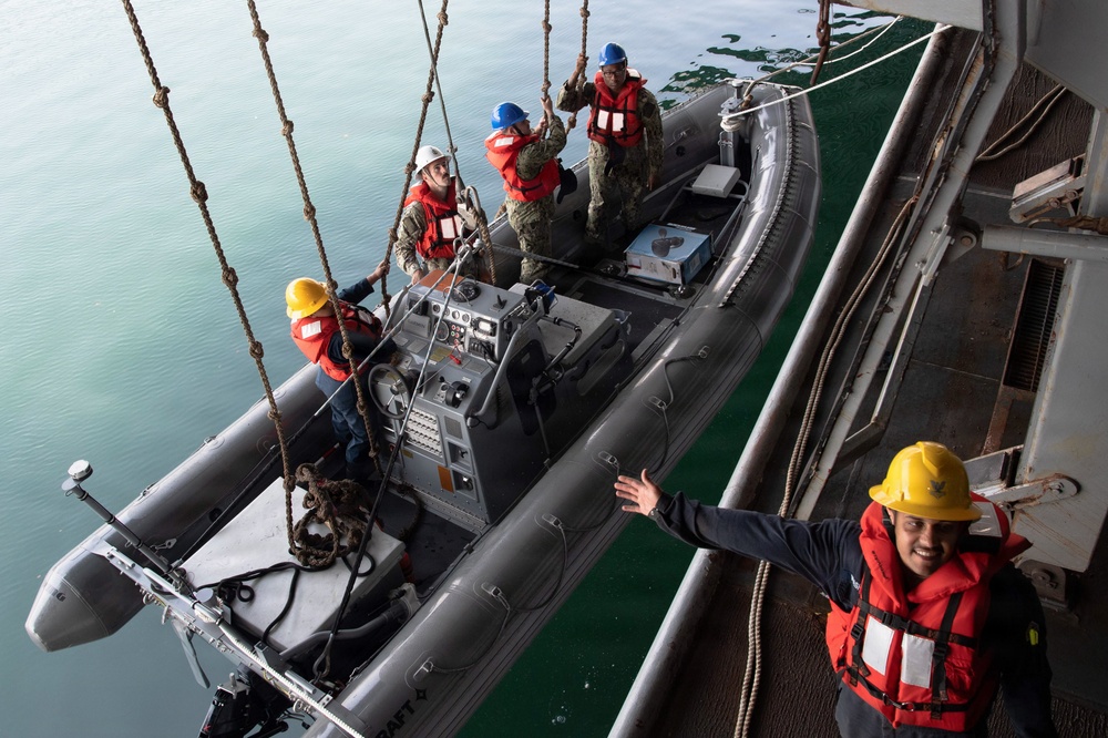 Ronald Reagan Sailors Perform a Rigid Hull Inflatable Boat Onload