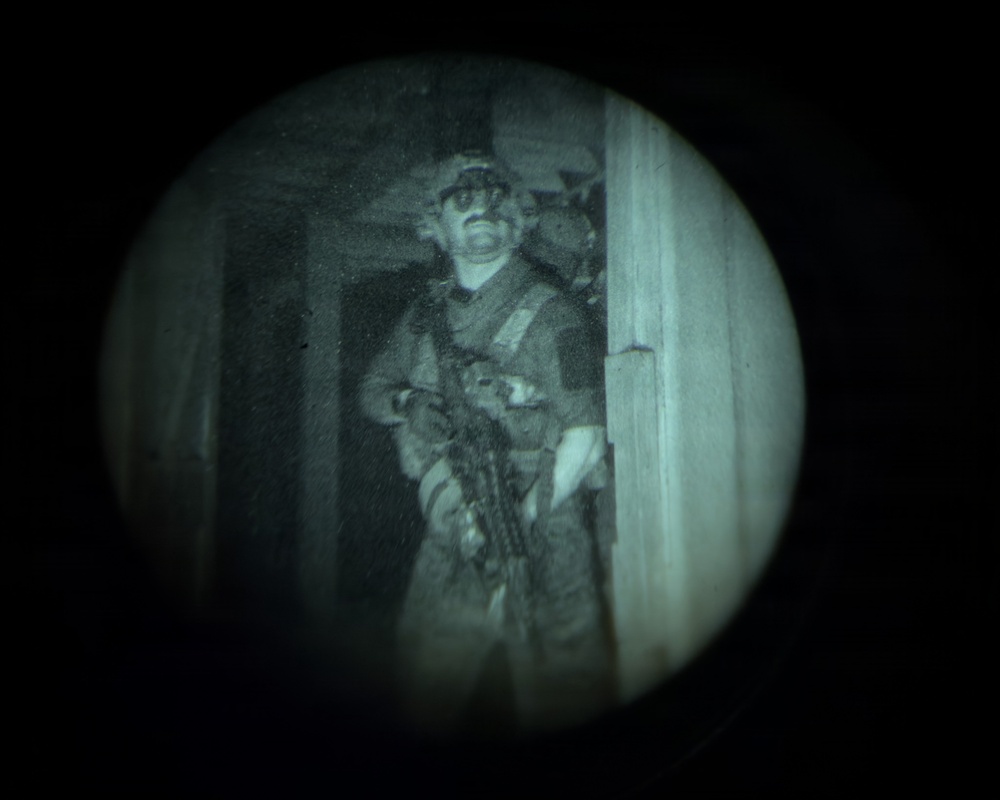 Image captured through a night-vision or thermal optic device, showing a circular field of view with green-tinted monochrome rendering. A single armed individual in tactical gear is visible standing in or near a doorway of a structure. A second figure appears partially visible in the background.