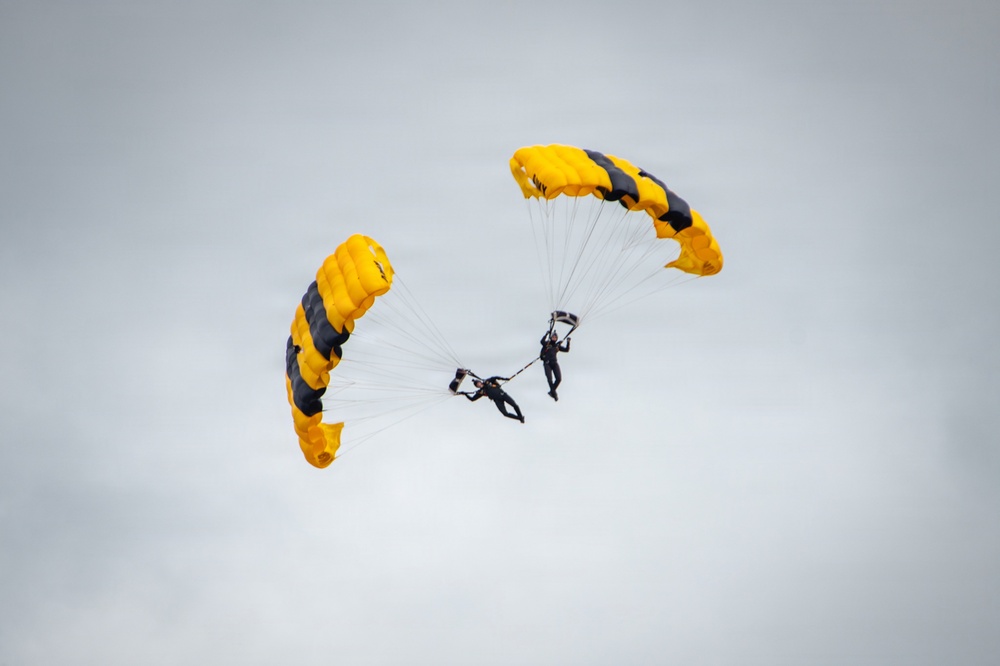 Two skydivers are descending under deployed parachutes against an overcast gray sky. Both parachutes are identical in design, featuring yellow and black striped canopies consistent with a military or professional demonstration team. The two jumpers appear to be in close proximity, possibly performing a formation or linked descent.
