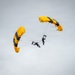 Two skydivers are descending under deployed parachutes against an overcast gray sky. Both parachutes are identical in design, featuring yellow and black striped canopies consistent with a military or professional demonstration team. The two jumpers appear to be in close proximity, possibly performing a formation or linked descent.