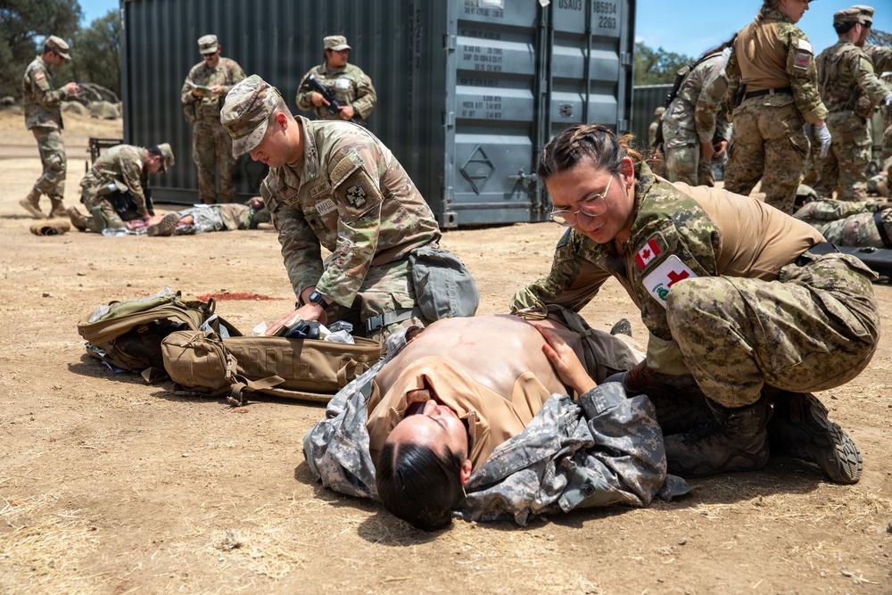 A military medical training exercise is underway in an outdoor, arid environment. Soldiers in camouflage uniforms, including one with a visible Canadian Armed Forces flag patch and red cross medical insignia, are performing casualty care on a simulated wounded soldier lying on the ground. Multiple personnel are engaged in similar activities across the scene, indicating a large-scale combat casualty care drill.