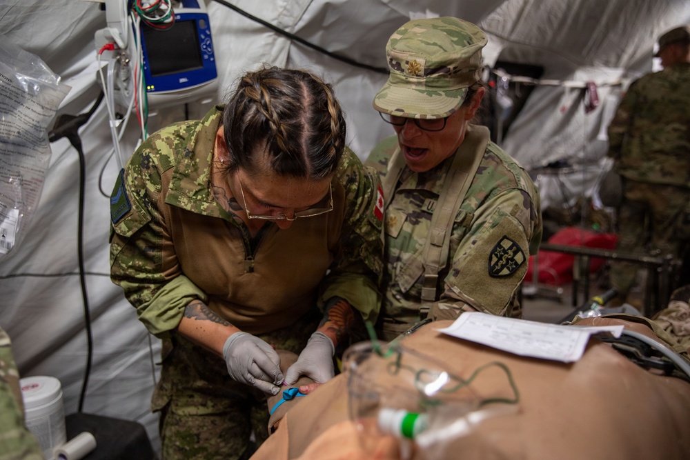 Two female military medical personnel are working together in a field medical tent, performing a medical procedure on a patient or training mannequin. One individual wears Canadian Armed Forces uniform with a Canadian flag patch, while the other wears a US Army uniform with a gold oak leaf insignia (Major rank) and a medical corps patch. The setting appears to be a joint military medical training exercise or field hospital environment.