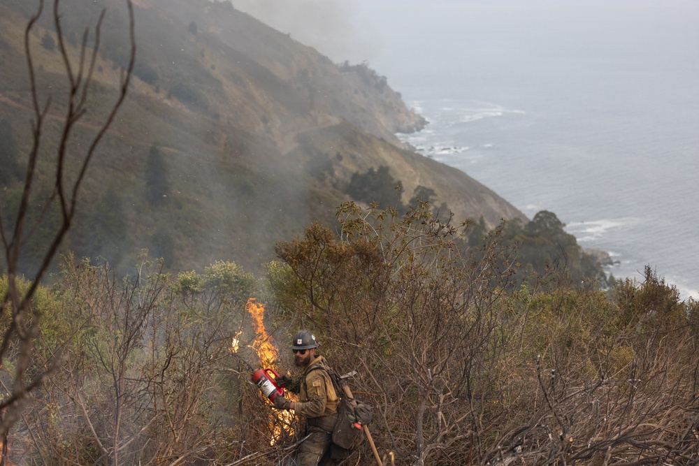 A wildland firefighter is using a drip torch to conduct a controlled burn or backfire operation on a steep coastal hillside. The scene shows active flames being deliberately set among dry brush and shrubs, with a dramatic coastal cliff and ocean visible in the background. Smoke fills the air, indicating ongoing fire activity in the area.