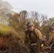 A wildland firefighter wearing a gray hard hat with goggles and dirty protective gear works on a steep coastal hillside amid active fire and smoke. At least one additional firefighter is visible in the background. The scene appears to be a wildfire suppression operation along a rugged coastal terrain, likely in California based on the landscape.