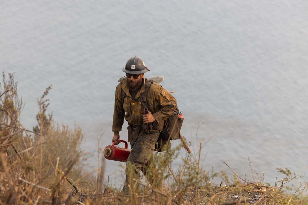A wildland firefighter is climbing up a steep, fire-affected hillside near a body of water. The worker is heavily equipped and visibly dirty, suggesting active or recent firefighting operations. They are carrying a drip torch, a tool used to intentionally set controlled burns.