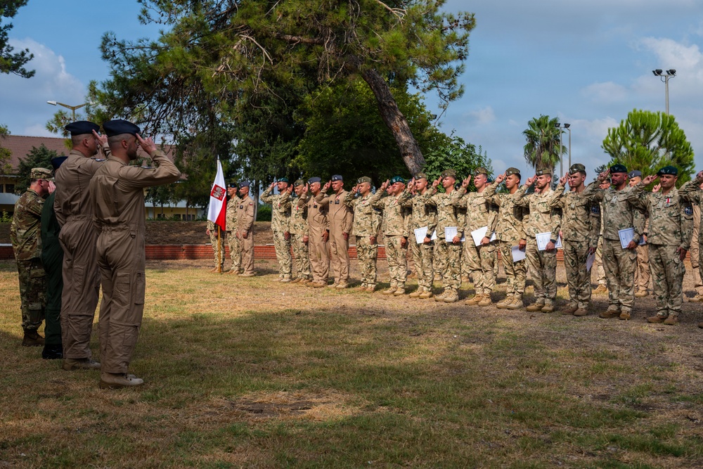 A military ceremony is taking place outdoors on a grassy field, with a large formation of soldiers in various camouflage uniforms rendering a salute. Two officers in tan/khaki uniforms and blue berets face the formation and return the salute. A white and red flag, consistent with the Polish national flag, is visible in the background near the formation.