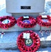 A memorial monument base displays four red poppy wreaths, a traditional British symbol of remembrance for fallen soldiers. A dedication plaque on the stone base reads 'Unveiled on 18th June 2007 by The Viscount Lord Slim OBE DL and Holly Wingate.' The wreaths bear various organizational insignia and handwritten tribute cards, surrounded by small memorial crosses and individual poppies placed on the ground.