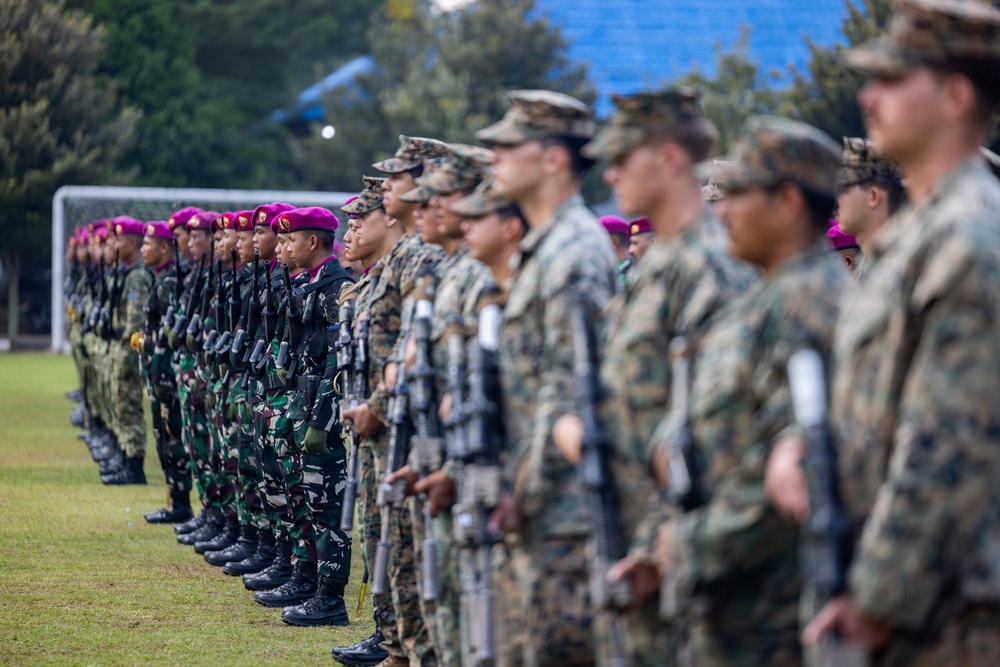 A formal military parade or ceremony featuring two distinct groups of soldiers standing in formation on a grass field. One group wears distinctive magenta/purple berets with green camouflage uniforms, while the other group wears digital camouflage uniforms with patrol caps, suggesting a joint multinational military exercise or ceremony. All personnel are armed with rifles and standing at attention.