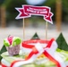 The image shows a festive display celebrating Indonesian Independence Day, featuring a decorative banner reading 'Happy Independence Day 61st Republic of Indonesia' mounted on wooden skewers. The arrangement includes traditional Indonesian elements such as banana leaves, a colorful cupcake, and red-and-white decorations matching the Indonesian national flag colors. The setup appears to be part of an outdoor celebration or ceremonial display.